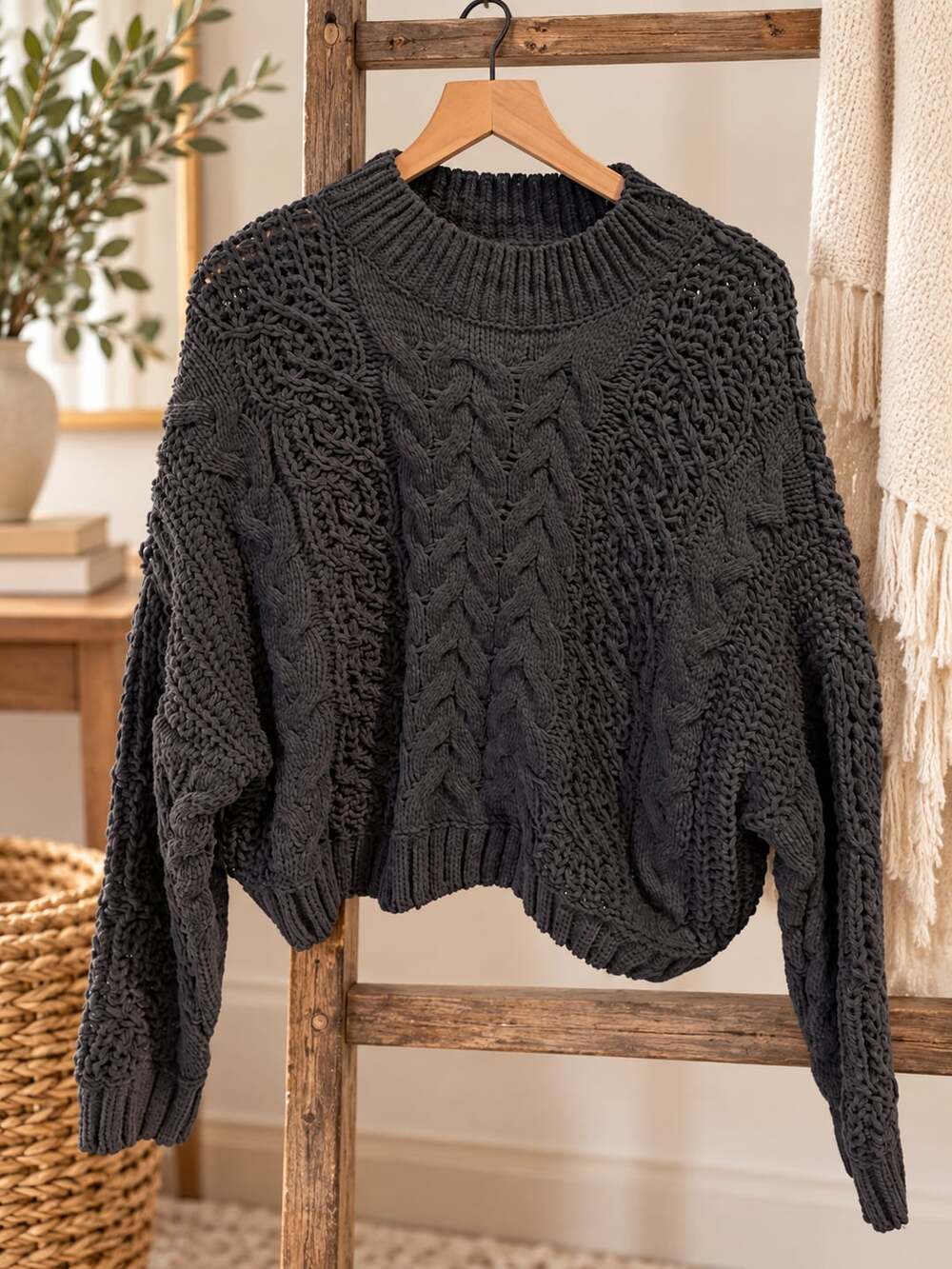 Pol Cable Knit Pullover Sweater Cropped Oversized Charcoal Grey Sz L